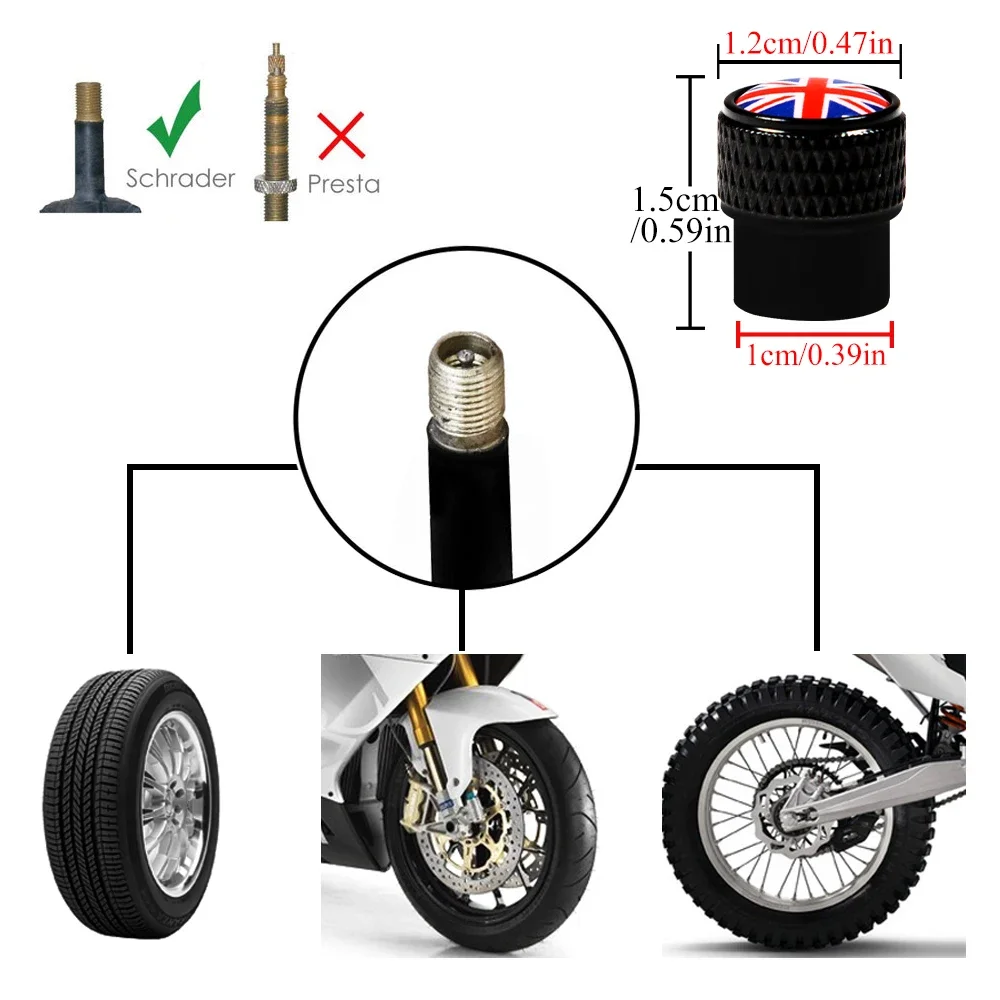 4Pcs/Set UK Tire Valve Caps Universal Fits All Cars Trucks SUV Bike Bicycle Motorcycle Car Aluminum Alloy Tyre Valve Dust Covers