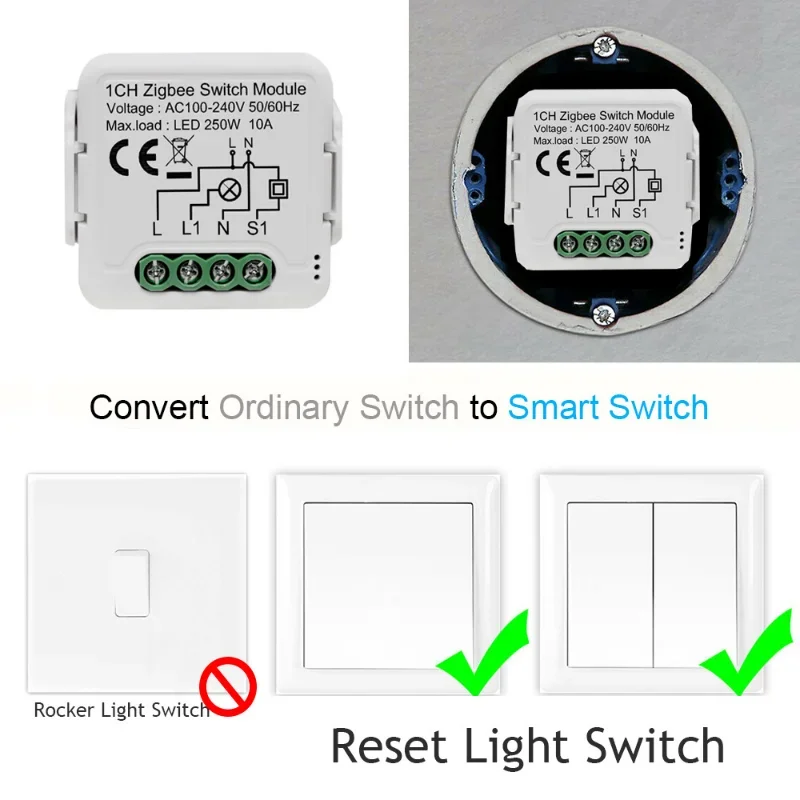 Tuya Zigbee switch 1/2/3/4 way open-breaker APP mobile phone voice control modification module zero fire version Smart home