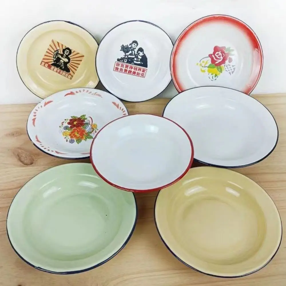 Iron Enamel Iron Enamel Dish Plate Old-fashioned Nostalgic Theme Round Enamel Plate Chinese Style Food Storage Tray Restaurant