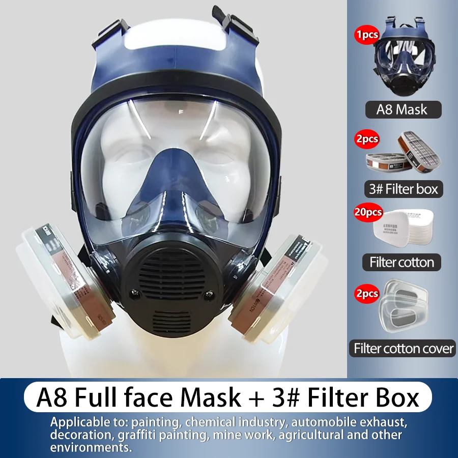 قناع غاز A8 مع فلتر، قناع تنفس كامل الوجه، قناع غاز لهندسة البناء، الطلاء، الغبار، الرش، اللحام، التلميع