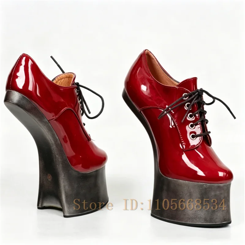 Gothic Fetish Extreme 18CM No Heel Pumps Women Shiny Patent Leather Lace Up Thick Sole Platform Punk Cosplay Party Dress Shoes