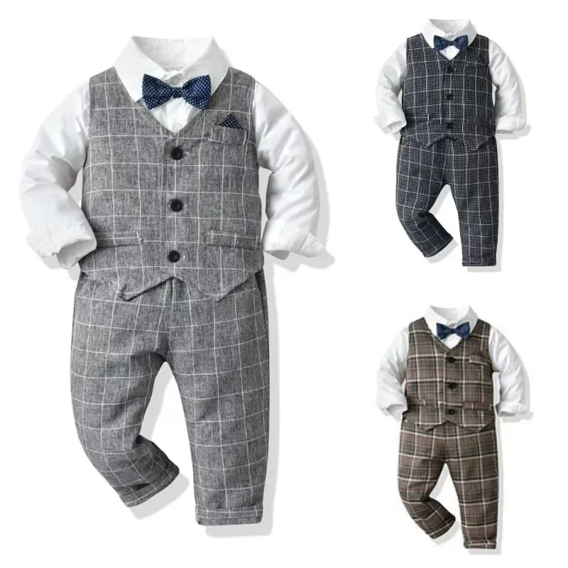 3pcs Gentleman Baby Boys Clothes Set Infant Outfit Formal Plaid Vest Shirt Suit Autumn Spring Long Sleeve Toddler Boy Suit Set