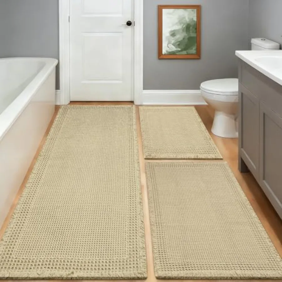 

Waffle Bath Mat Modern Woven Absorbent Non Slip Bathroom Rugs Machine Washable Bath Rugs Quick-Drying Bathroom Mats Boho Tassel