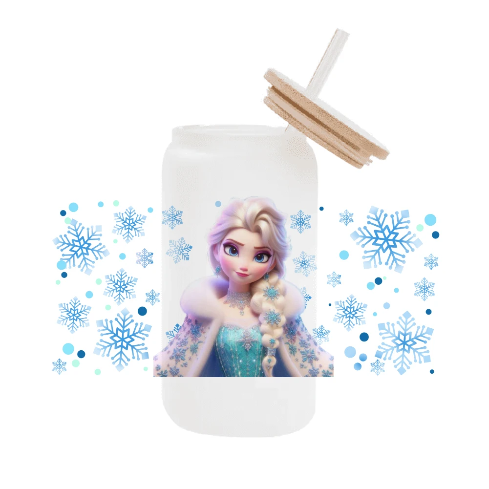 Disney Princess Frozen Elsa and Anna For Libbey 16oz Can Glass 3D Waterproof UV DTF Coffee Can Wrap Libbey Glass Wrap