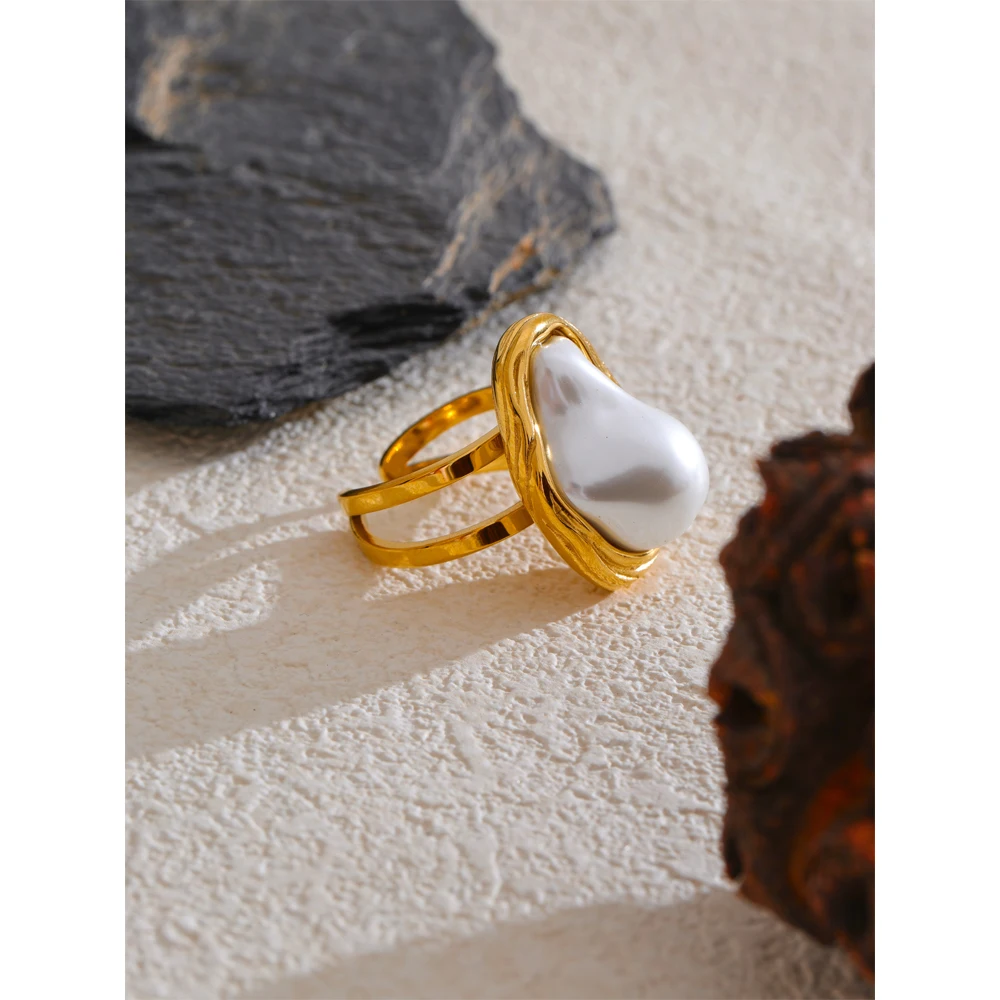 Yhpup Fashion Baroque Simulated Pearls Vintage Open Ring for Women Stainless Steel Golden Charm Finger Jewellery Wholesale
