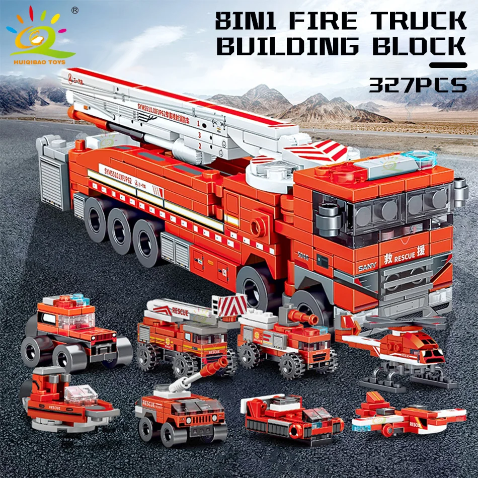 HUIQIBAO 327pcs 8in1 Fire Ladder Truck Building Blocks Firefighting Set Fireman Figure Bricks City Construction Toy for Children