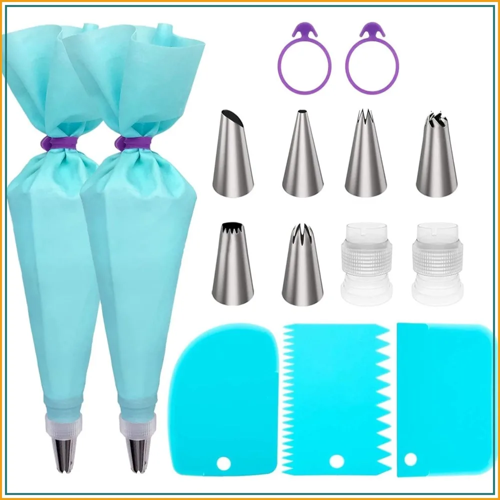 

Cake Decorating Kit: 2 Reusable Piping Bags, 6 Tips, Converters & Scrapers