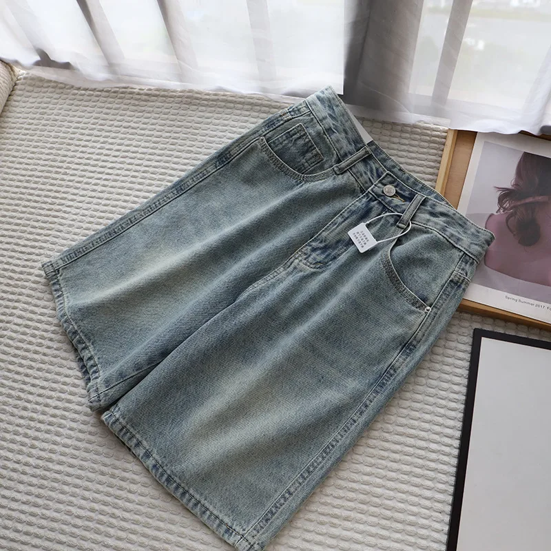 

Retro High Waist Hong Kong Sle Five-Point Denim orts Women Summer Loose Wide Leg Slimming Straight Leg Mid-Length Pants