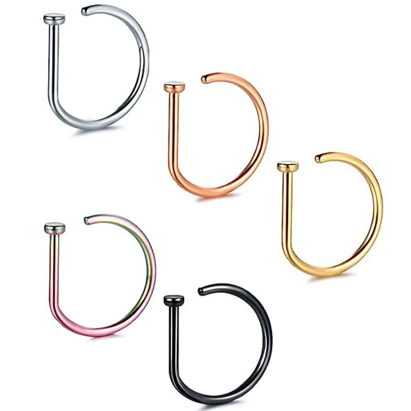1Pcs 20G Stainless Steel D Shape Thin Nose Ring Screw Hoop Curved Barbells Fake Lip Piercing, Hypoallergenic Nose Septum Clip