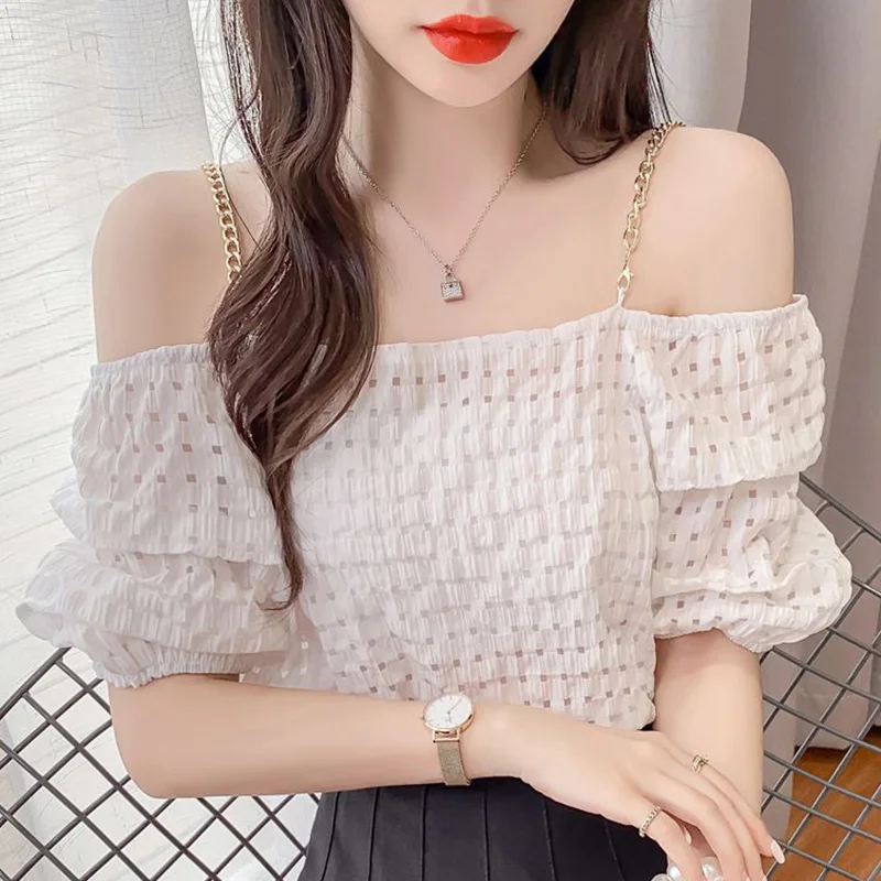 Stylish Slash Neck Loose Folds Backless Puff Sleeve Blouse Women Clothing 2023 Summer New Casual Pullovers All-match Sweet Shirt