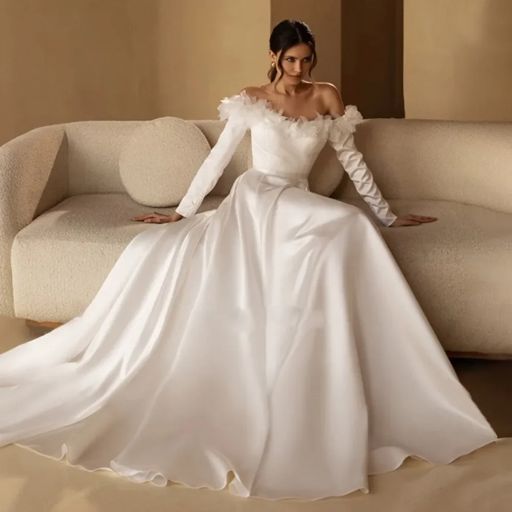 Charming Sexy Strapless A-Line Wedding Dresses Off the Shoulder Long Sleeves Bridal party Gowns Custom Made Vestidos De Noiva