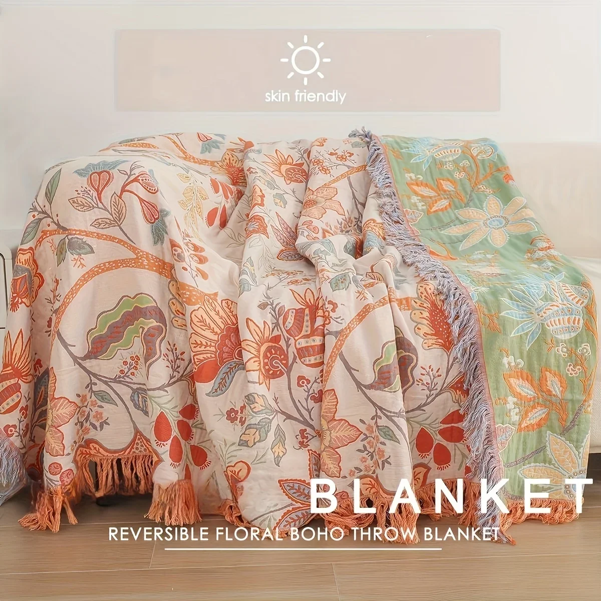 Boho Floral Reversible Throw Blanket with Tassels Soft Cozy Green Leaf Design for Couch Bed And Armchair