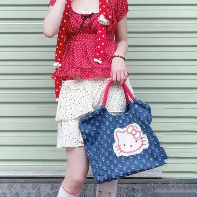 Sanrio Hello Kitty dżinsowe torebki damskie 2024 nowy koreański styl modna torba na ramię Y2k kobiety kreskówki Vintage Trend torby na ramię