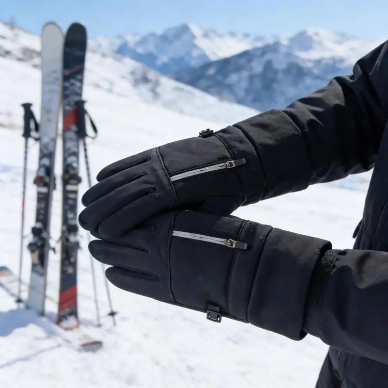 Winter-Touchscreen-Handschuhe für Radfahren, Motorradfahren, Skifahren, Outdoor-Aktivitäten, mit Reißverschlusstasche, wasserabweisend, rutschfest, Unisex, Fahrhandschuhe – Detail 1