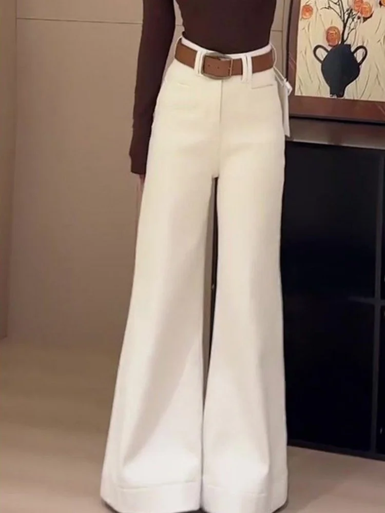 Vaqueros blancos de pierna recta con corte de campana para mujer, estilo nuevo de primavera y otoño, color albaricoque, talla pequeña, pantalones anchos hasta el suelo