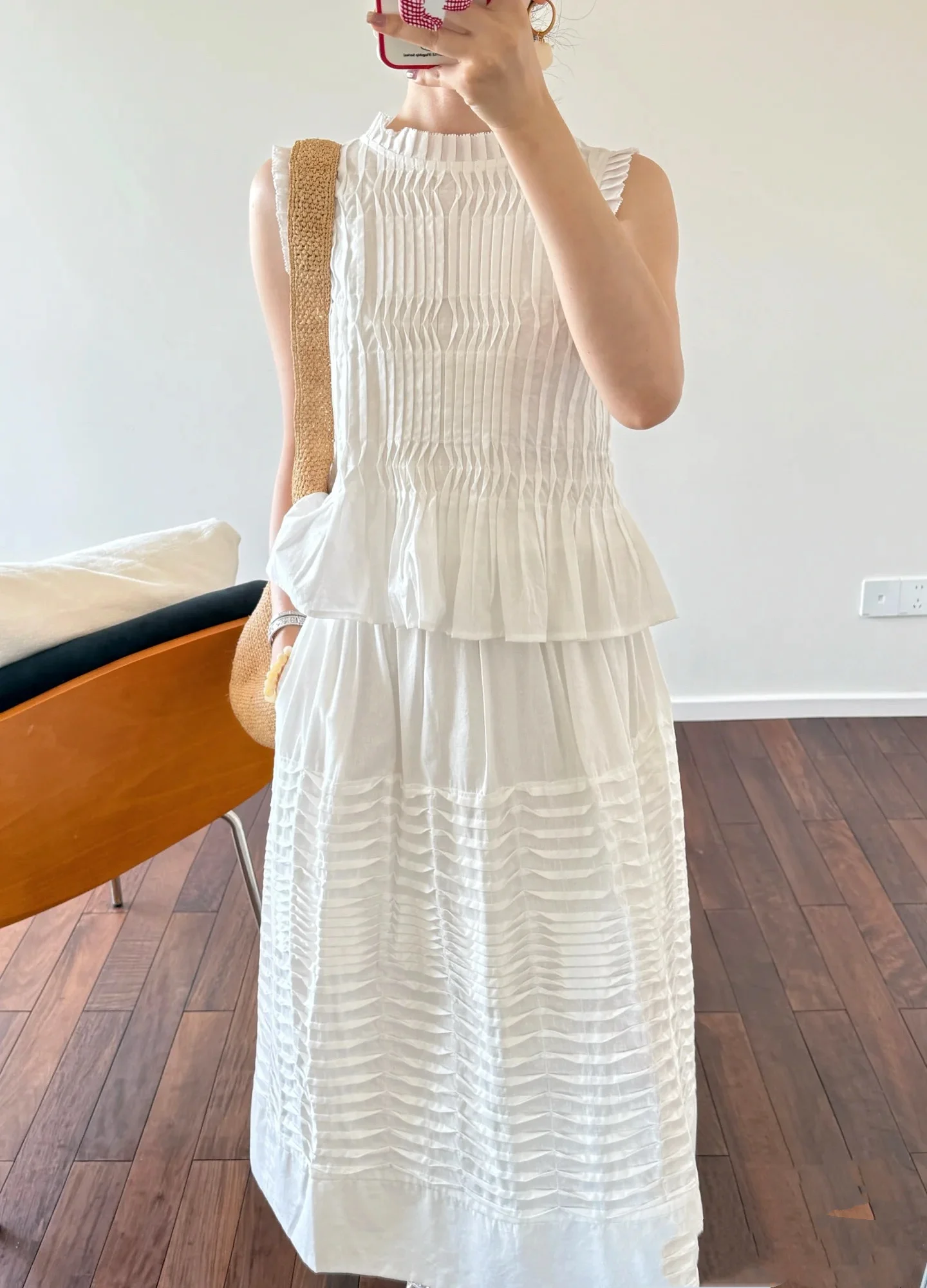 Picture 7: Women's Structured 3D Pleats Cotton Linen Set Baby Doll Lace Vest & Draped Slim Skirt Cottagecore Boho Layered Aesthetics