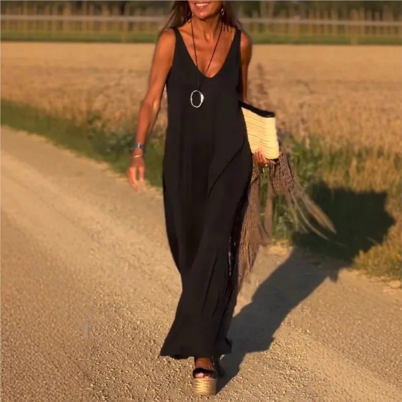 فساتين طويلة غير رسمية بحمالة ملونة لعام 2025 فستان نسائي صيفي مثير بياقة على شكل V فستان ماكسي للحفلات بدون أكمام فستان فضفاض للعطلات #2