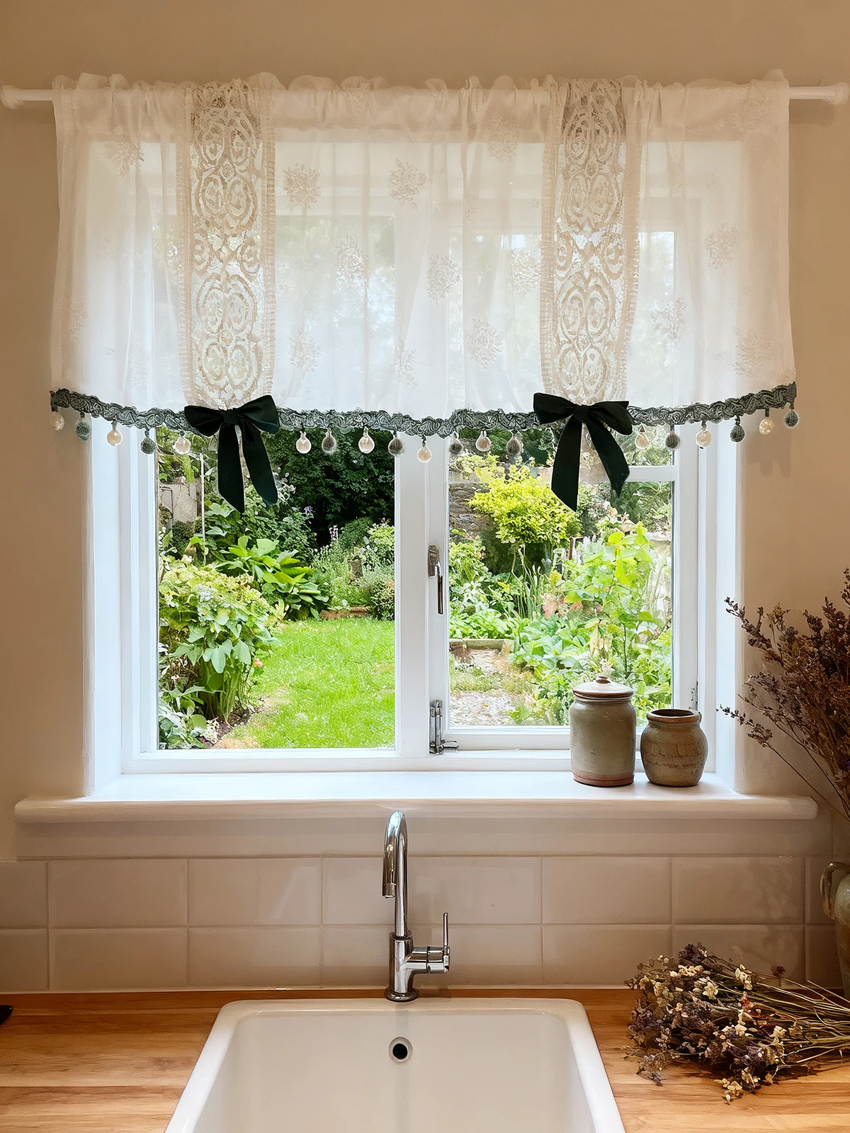 Space Purification Coffee Color Half Curtain Rod Pocket Embroidered Door Curtain No Punching Required Room Divider Curtain