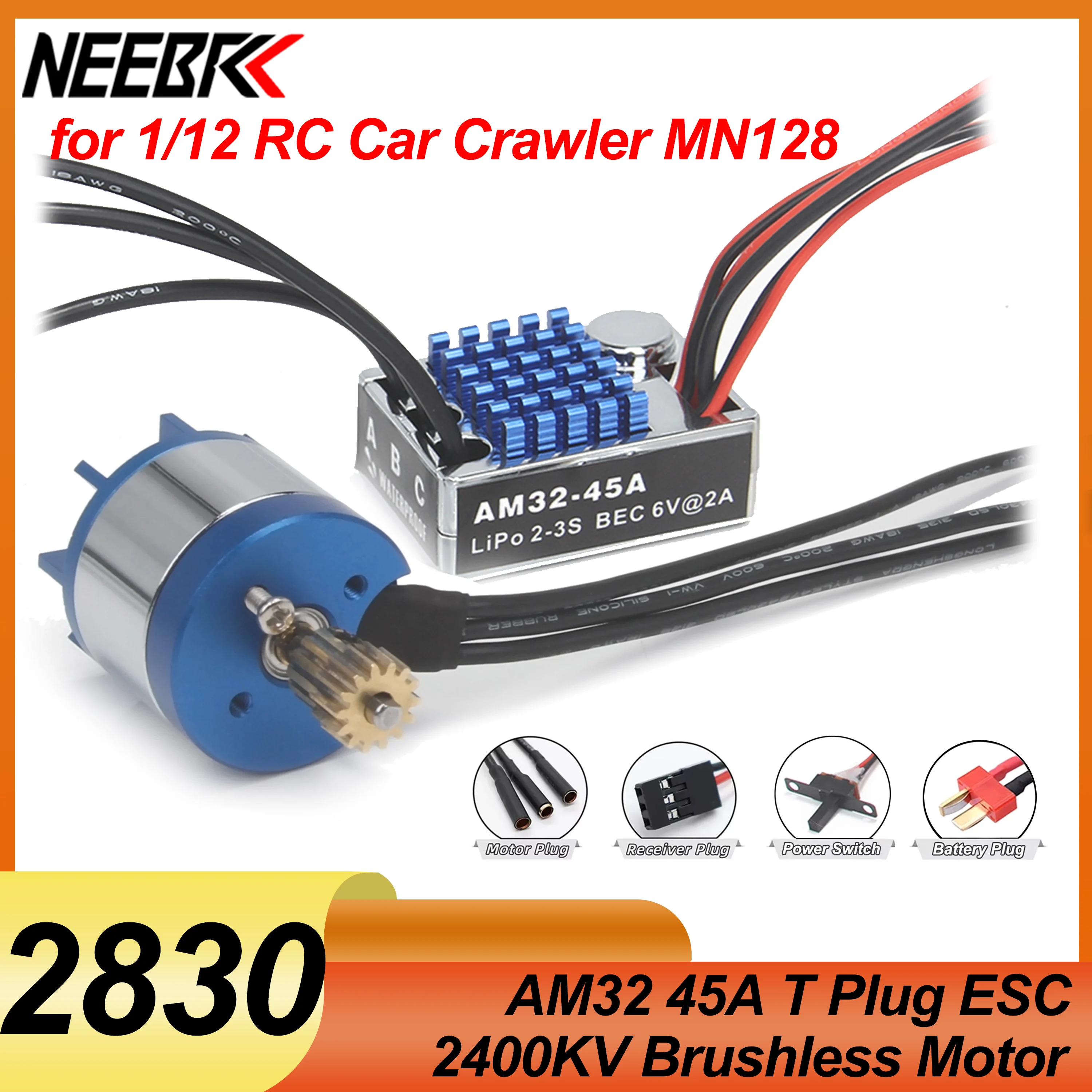 NEEBRC 2830 2400KV Outrunner Brushless Motor with AM32 45A ESC for MN128 1/12 RC Car Crawler Model Toys Upgrade Power Kit