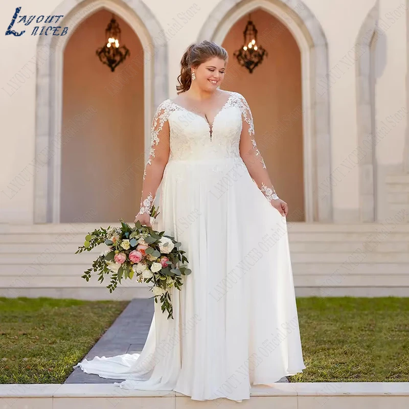 LAYOUT NICEB abito da sposa Plus Size donna maniche lunghe Vestido De Noiva una linea pizzo scollo A V sposa Appliques abito da sposa in Chiffon Abito da sposa Plus Size Donna Maniche Lunghe  Vestido De Noiva A Line Pi