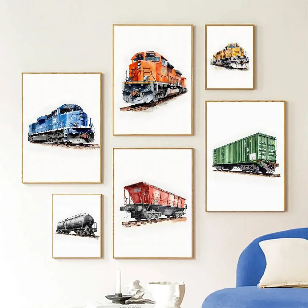 Watercolor Retro Steam Train Railroad Freight Car Poster Self-adhesive Art Room Entrance Restaurant Wall Decor Art Painting
