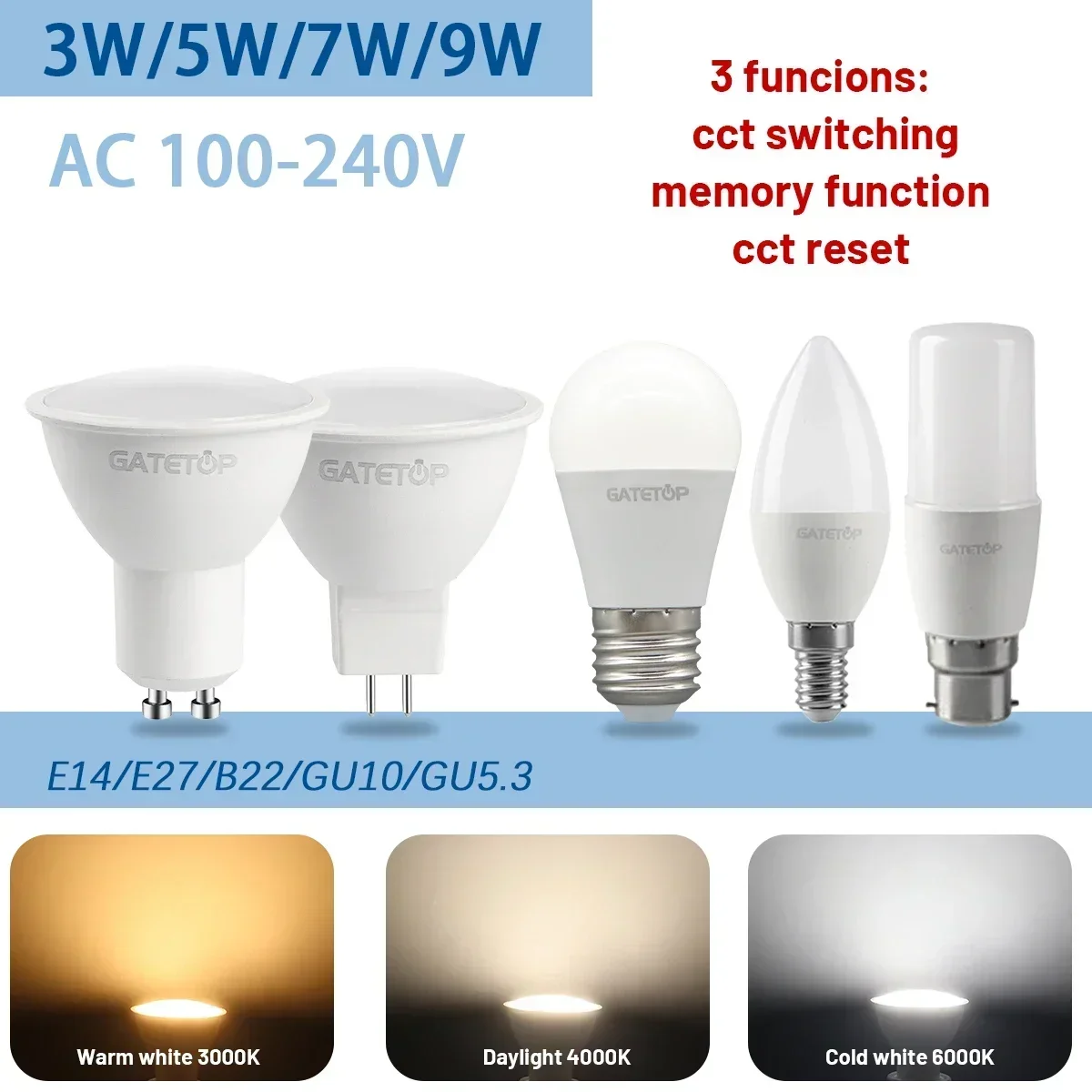 

5pcs Wall Switch CCT LED Light Bulb GU10 Spot 3Color 3000K 4000K 6000K E27 B22 GU5.3 Base AC110V 220V Memory Function Color