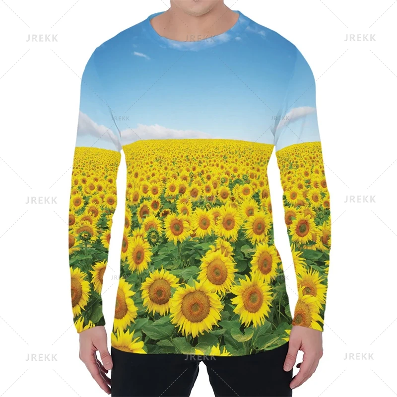 New Harajuku 3D Printing Hawaiian Sunflower Field Long Sleeve T Shirt Mens Clothing Fashion Streetwear Kid Funny Clothes Y2k Top