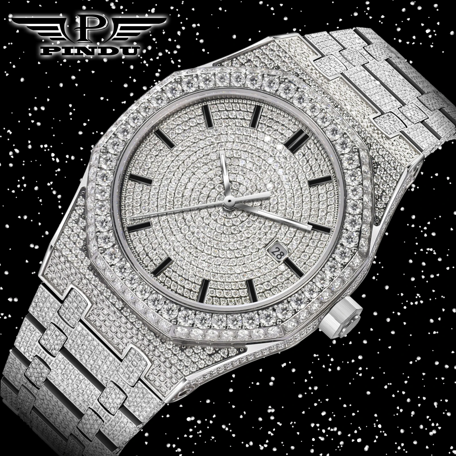 

Новые мужские механические часы PINDU Design 2025 года с бриллиантами из Мозамбика, механизм 8215, сапфировое стекло, нержавеющая сталь, водонепроницаемые, автоматические