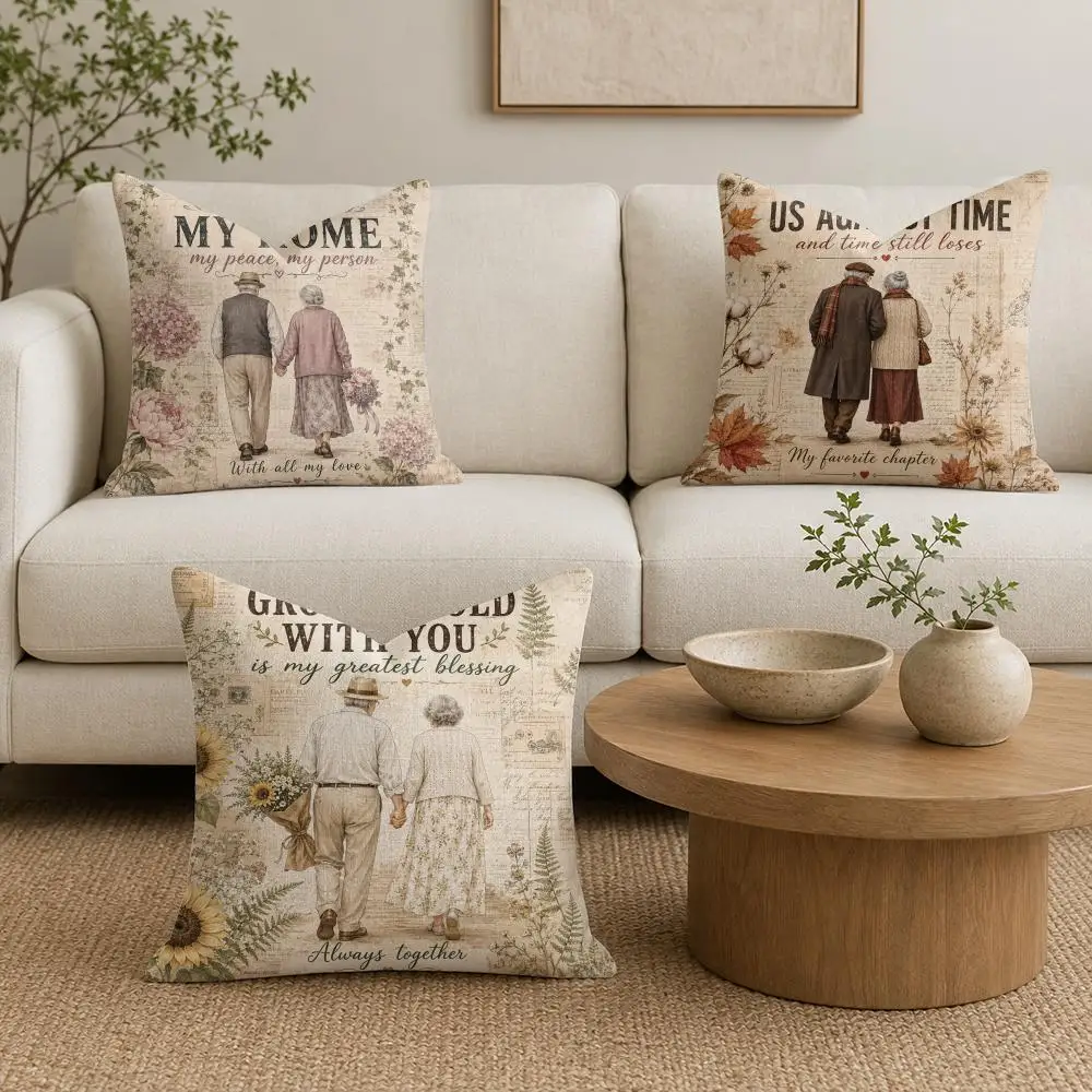 Sweet Romantic Pair Cushion Cover Summer Linen Pillow Case Organic Fabric Cushion Cover Double-Sided Print Sofa Home Decor
