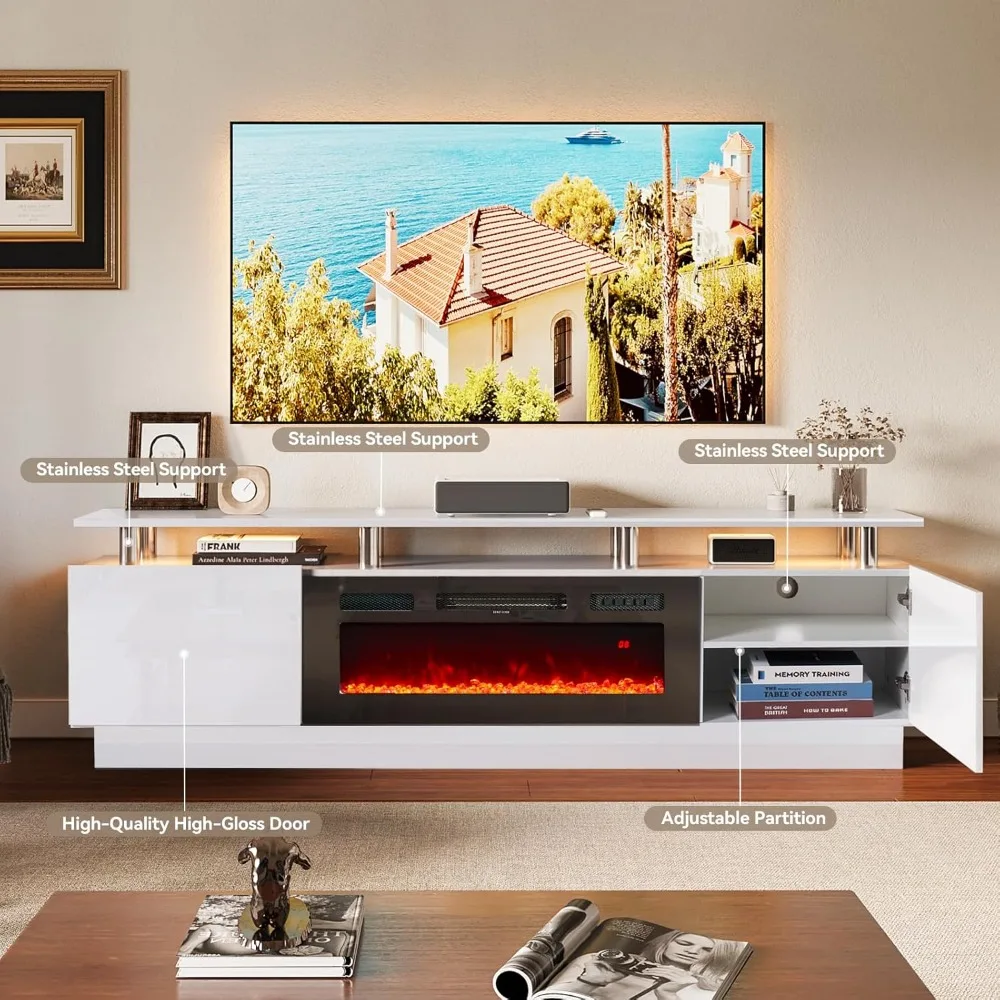 Soporte para TV con chimenea eléctrica moderna de 80" para televisores de hasta 90 pulgadas, con llama electrónica y luces LED