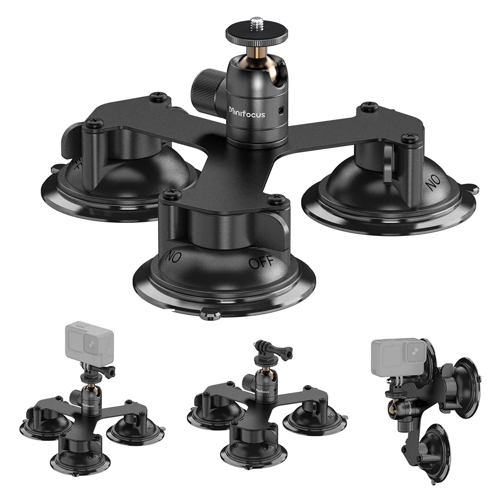Triple Suction Cup Holder Camera Mount with 360° Tripod Ball Head Adapter for GoPro Insta360 DJI Osmo Action Camera Car Window
