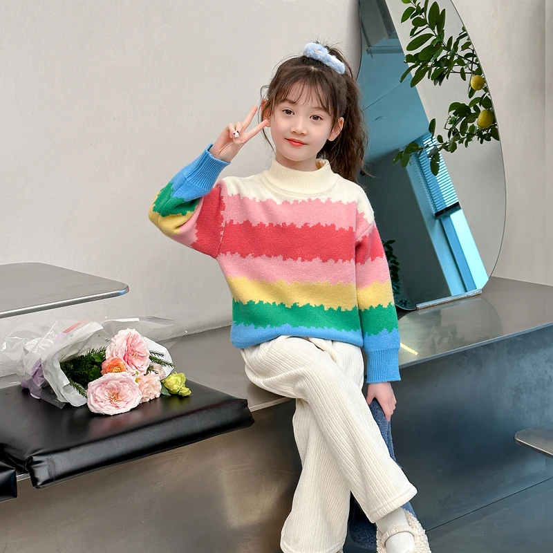 귀여운 소녀 다채로운 무지개 줄무늬 스웨터, 귀여운 아기 키즈 니트 의류, 패션 어린이 하이 스트리트 니트웨어, 4-14 세