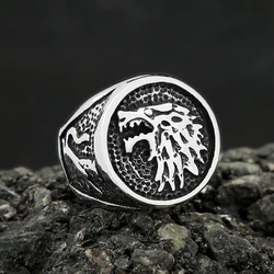 Vintage Vikings Stainless Steel Wolf Ring For Men Biker Ice Wolf House Stark Winterfell Animal Ring Nordic Fashion Jewelry Gifts