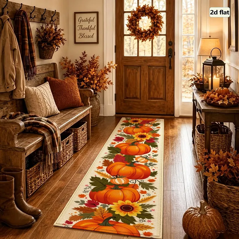 1 Piece Soft Fabric Autumn Pumpkin Sunflower Rug, Soft Comfortable, All Season, Lightweight Easy Care, Home Decor, For Living Room, Dining Room, Entryway, Autumn, Winter