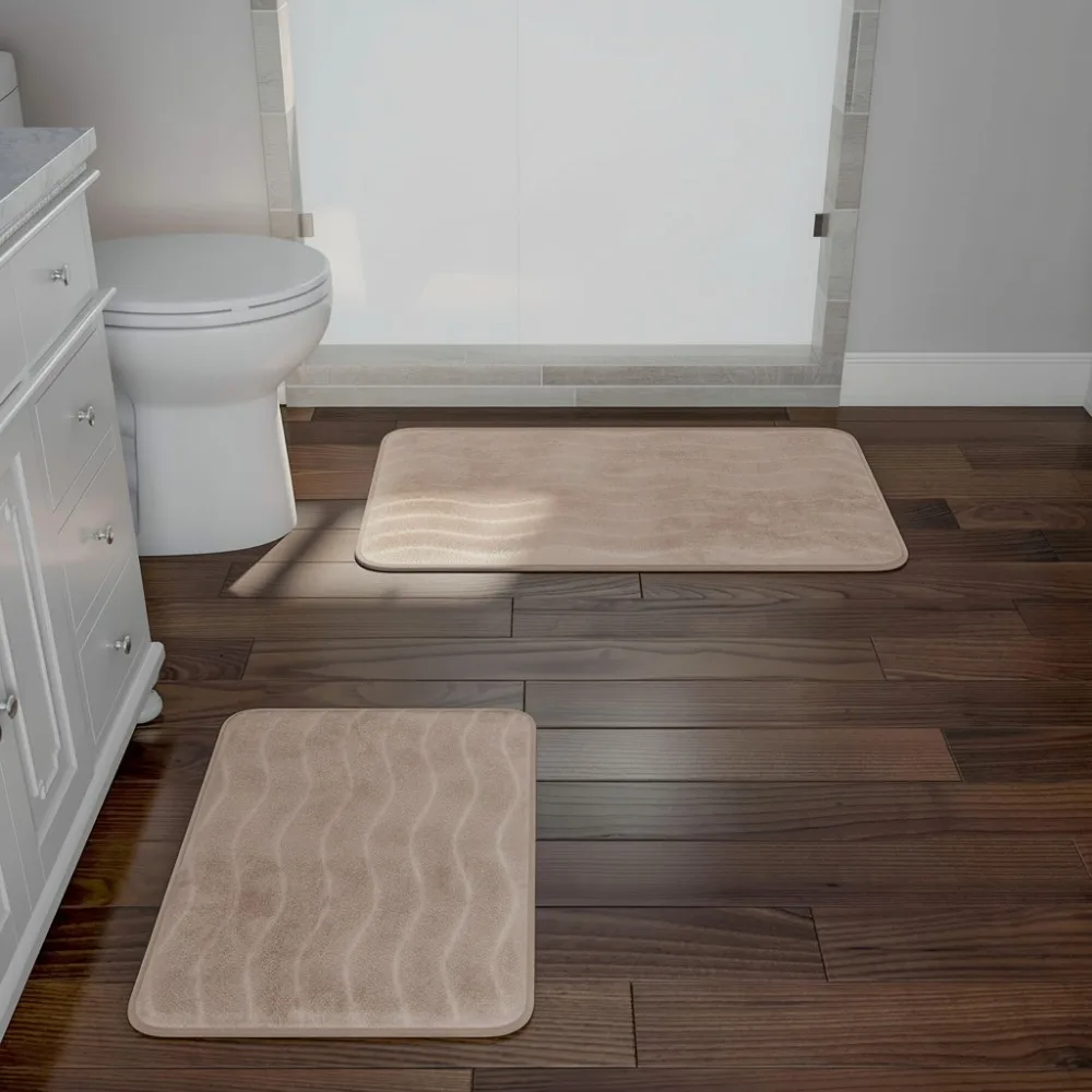 

2-Piece Memory Foam Bath Mat Set - Non-Slip Absorbent Runner for Shower, Tub, Sink, Kitchen (Taupe)