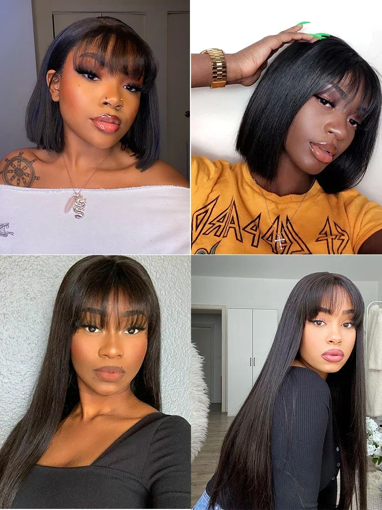CORIIANA 30 34Inch Long Straight Human Hair Wig With Bangs For Women Cheap Brazilian Short Black Fringe Bob 100% Human Hair Wig image 4