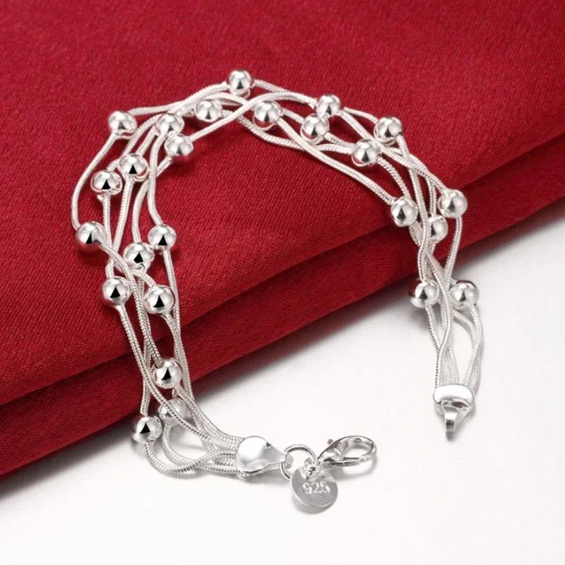 

925 Sterling Silver Smooth Ball Bracelets for Women Luxury Adjustable MultiLayer Lucky Beaded Charm Bracelets Party Jewelry Gift