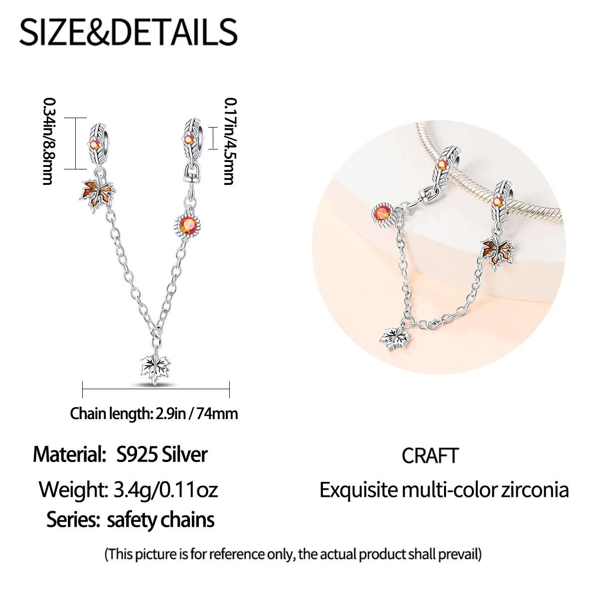 925 Silver Maple Leaf Safety Chain Charms for Bracelets