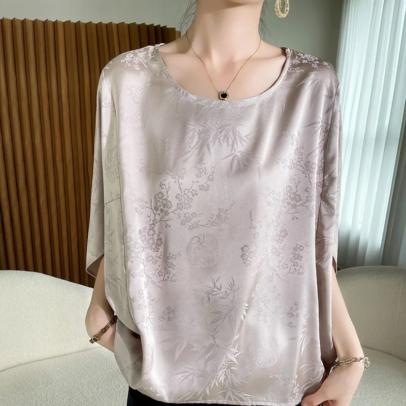 Silk Satin Batwing Sve Top Women Summer Loose Slim Fit Seven Sve irt Floral Embroidery Relief Sle Commute round Ne