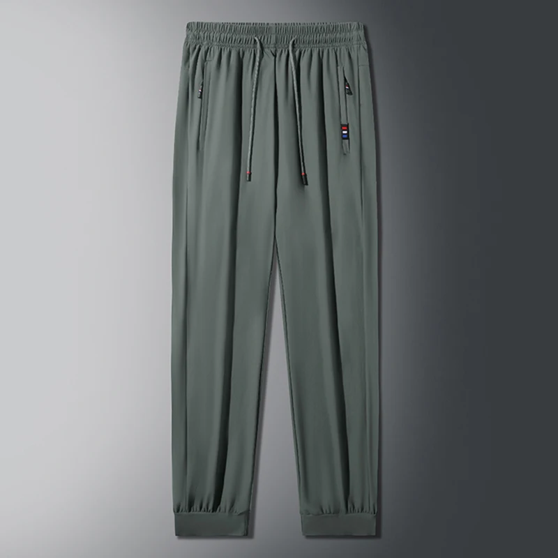 Pantalones deportivos elásticos para hombre, calzas finas transpirables de talla grande para correr al aire libre, cintura elástica, seda de hielo,