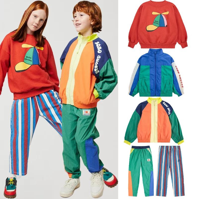 

2025 New Autumn Winter Children's Windproof Jacket and Pants Set Boys Girls Red Sweatshirt Striped Pants Set Kids Casual Suit