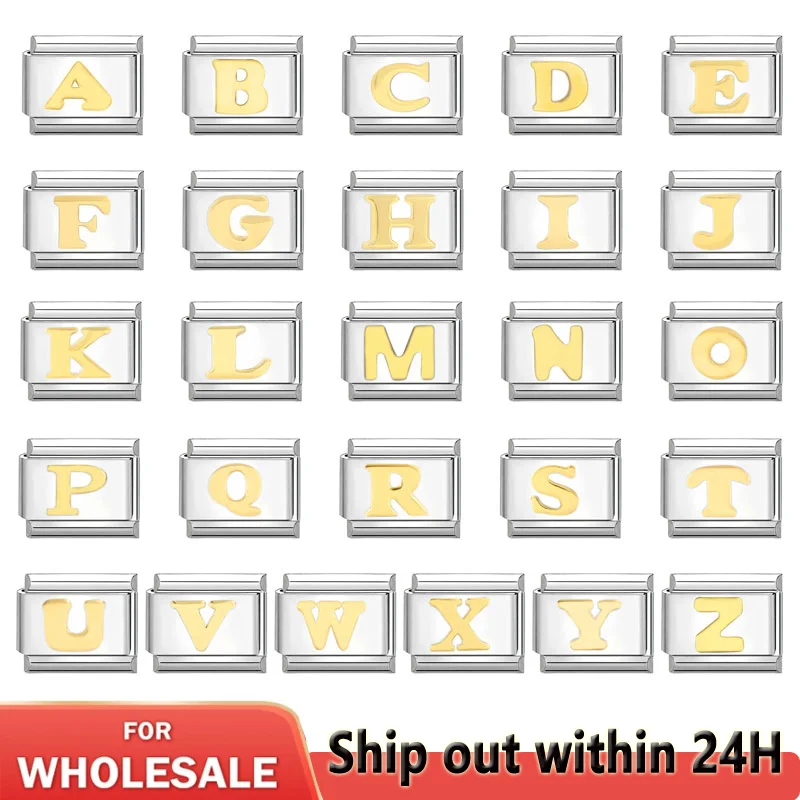 Module Bracelet 26 Gold Letters A-Z Italian Charm Links Fit 9mm Stainless Steel Bracelet Jewelry DIY Making Valentine's Day gift