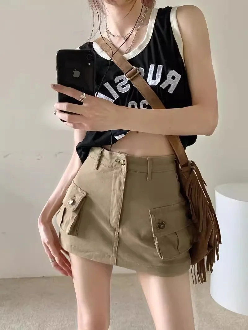 Cowboy-Midirock mit hoher Taille und amerikanischem Khaki-Farbton, kurzer Sommerrock im „Spicy Girl“-Stil, figurbetonter Rock für den Arbeitsalltag. – Detail 3