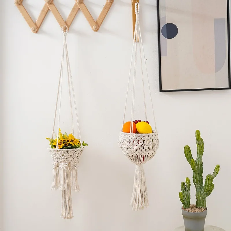 Handmade Cotton Rope Hanging Basket Planter for Indoor Plants Fruits Boho Home Garden Decor  Macrame Net Bag