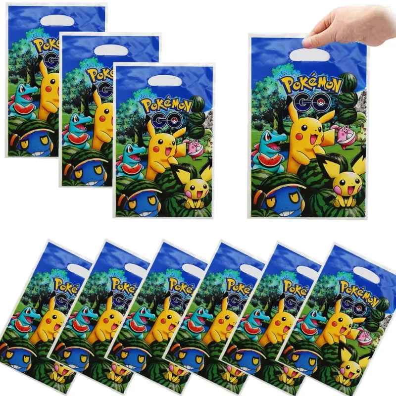 10pcs Pokemon Party Gift Bags Anime Figure Pikachu Theme Plastic Candy Loot Bag Handle Gift Bag Kids Birthday Party Supplies