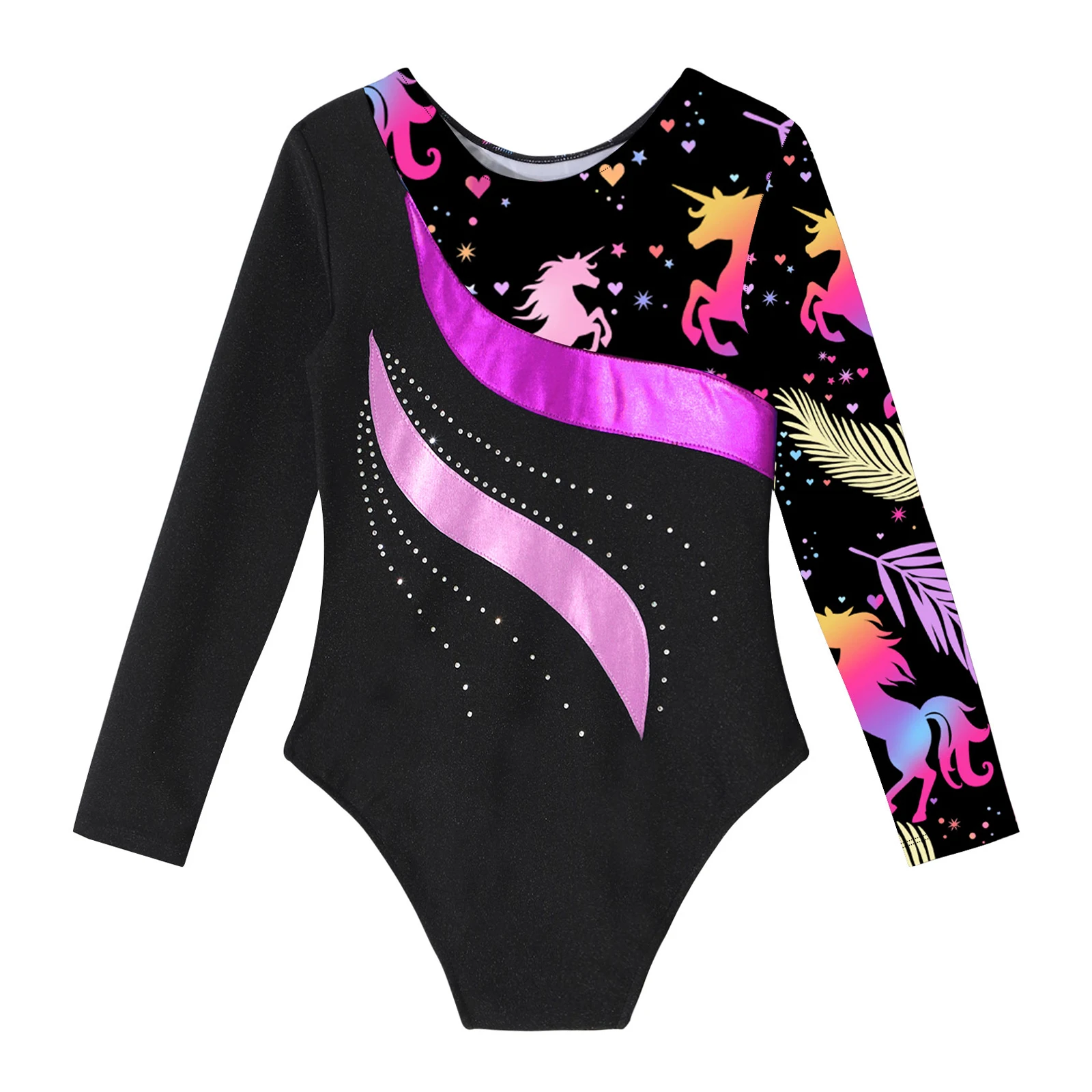 Teens Dance Bodysuit for Girls Kids Long Sleeve Shiny Rhinestone Ballet Gymnastics Leotard Print Childs Figure Skating Jumpsuit