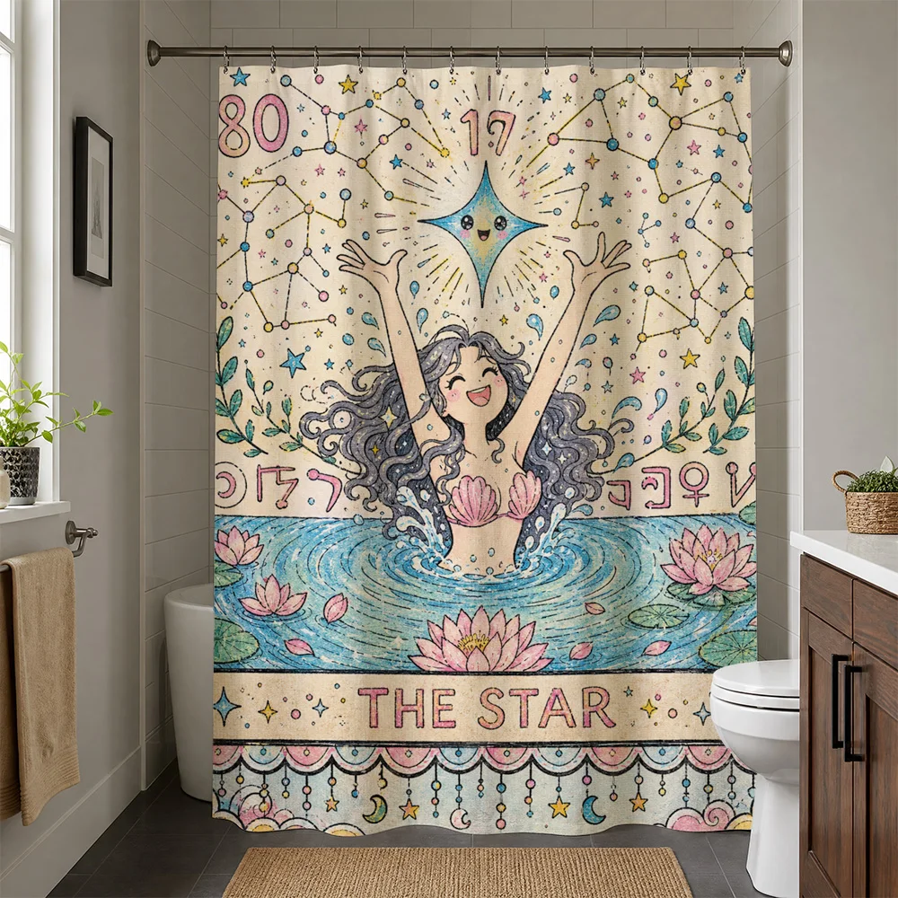 Waterproof Boho Mermaid Celestial Star Shower Curtain Astrology Zodiac Personalized Hebrew Letter Bathroom Decor Home Gift Tapes