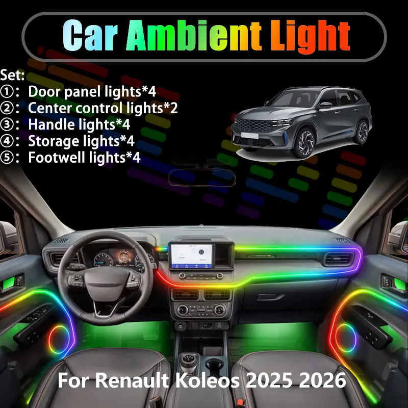 

For Renault Koleos 2025 2026 MK3 AR1 3th 2/18 in 1 Car ambient lighting Led trunk interior led lights USB RGB Ensemble Streamer