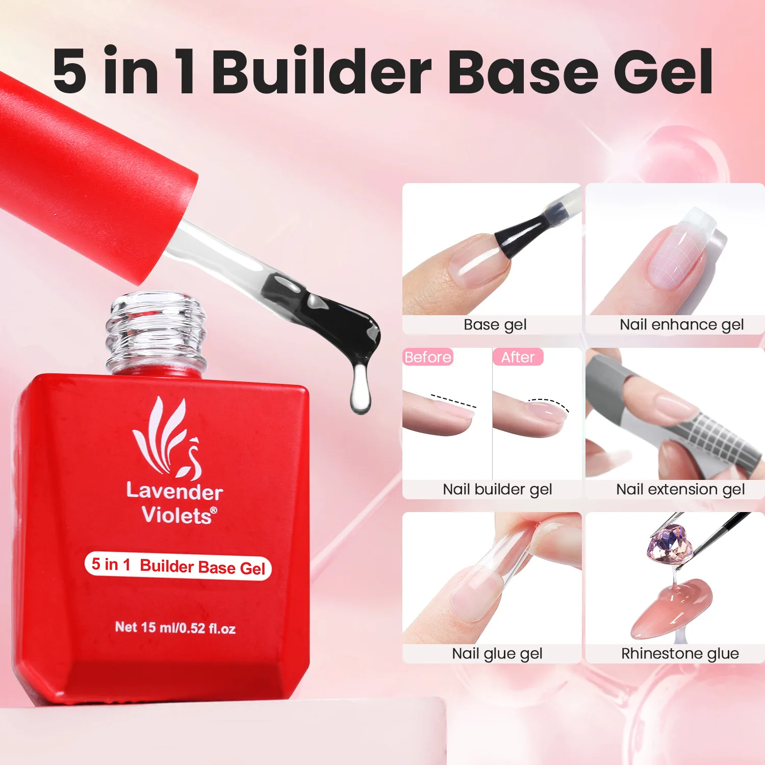 15 مل 5 في 1 جل قاعدة منشئ، قاعدة/بناء/تمديد/تحسين/لاصق، للمنزل DIY صالون تجميل الأظافر مانيكير #2