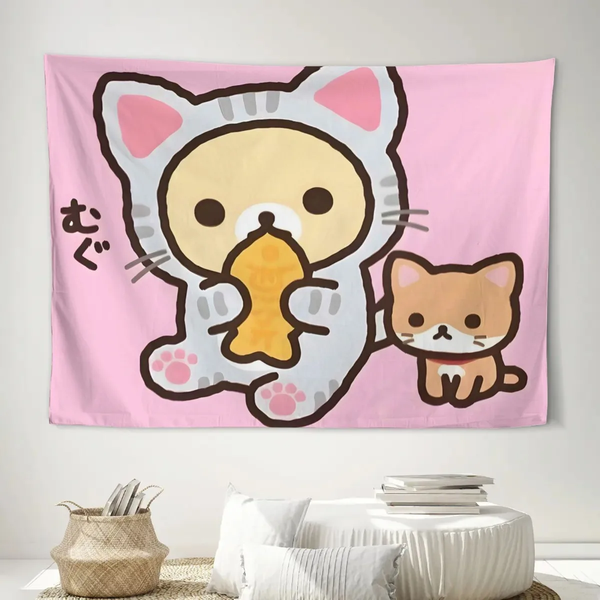 Rilakkuma-Katzen-Kostüm-Wandteppich, rosa Taiyaki-Bär, Wandbehang, ästhetische Raumdekoration, coole Raumdekoration, Hintergrundstoff für Schlafzimmer